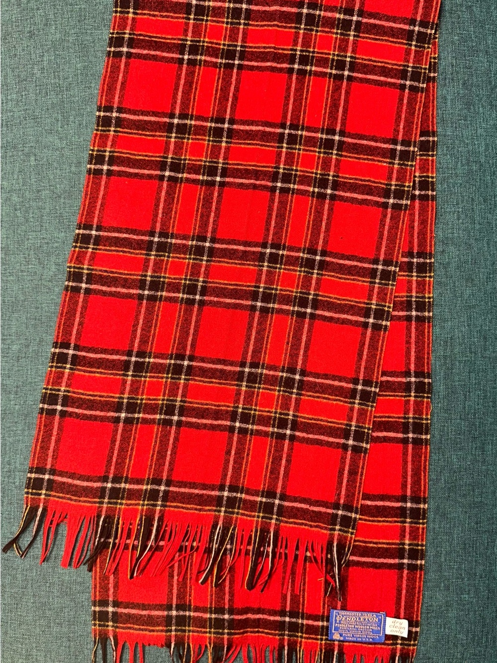 Vintage Pendleton Pure Virgin Wool Red Tartan Plaid Fringe Scarf  USA Made Nice!